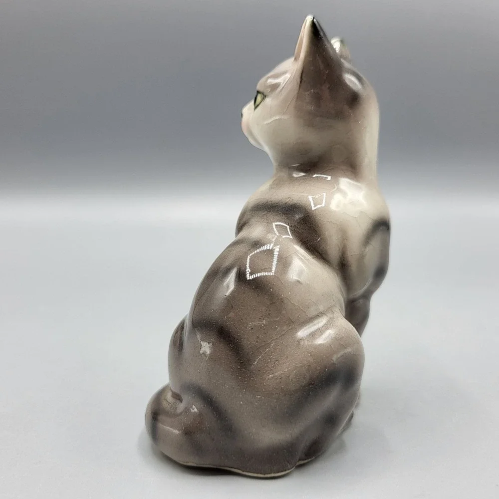 Vintage Ceramic Cat Kitten Figurine Gray Siamese Glossy Finish Shelf Decor